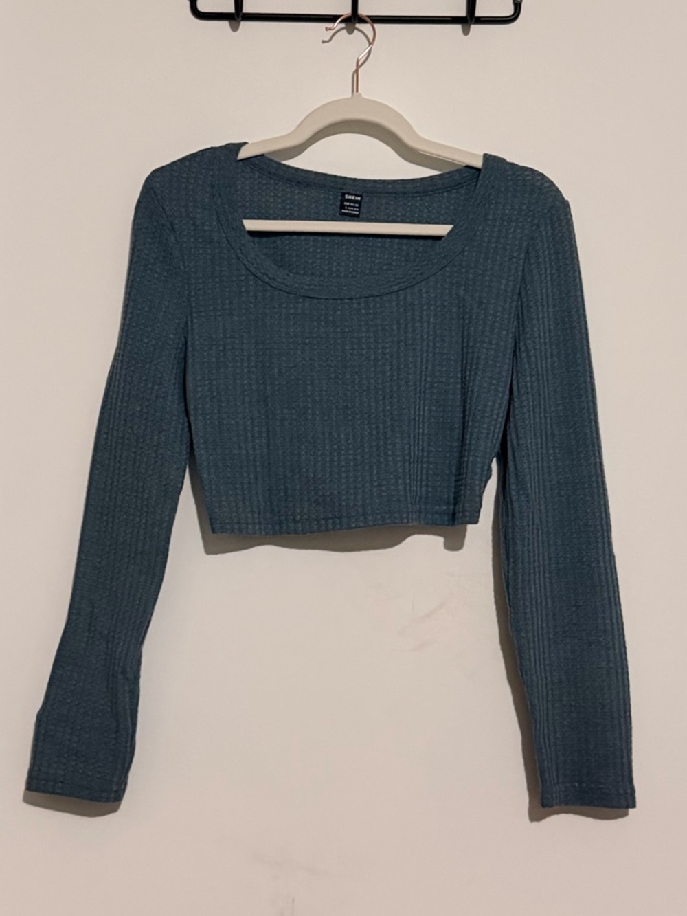 SHEIN Teal Ribbed Scoop Neck Long Sleeve Crop Top
